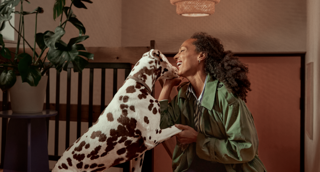 kvinde der bliver budt velkommen hjem til god energi af sin hund .png