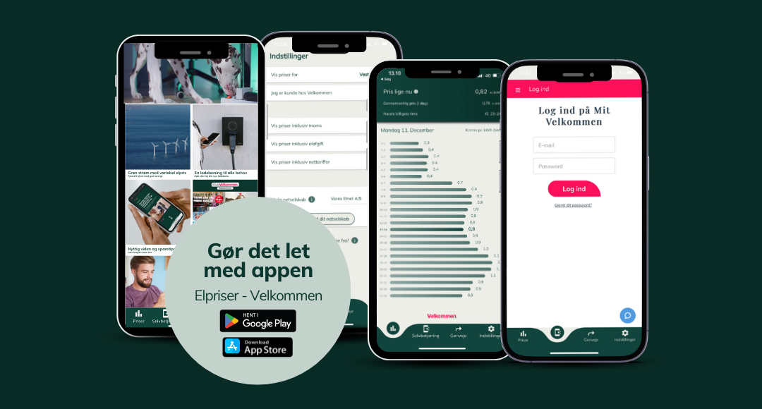 På velkommens smarte app kan du både se strømpriser og logget på MitVelkommen via selvbetjening